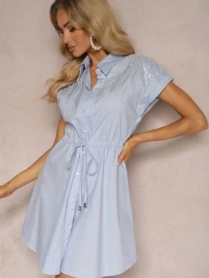 Zdjęcie produktu Niebieska Bawełniana Sukienka Koszulowa ze Ściągaczem w Talii Zdobiona Cyrkoniami Wesolia