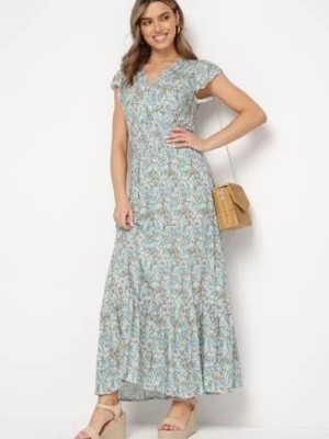 Zdjęcie produktu Niebieska Bawełniana Sukienka Maxi z Gumką w Pasie i Zwiewną Falbaną w Kwiaty Leoddaria