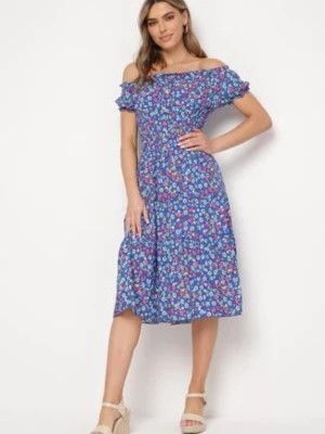 Zdjęcie produktu Niebieska Bawełniana Sukienka Midi w Kwiatowy Print o Fasonie Hiszpanki Anirpe