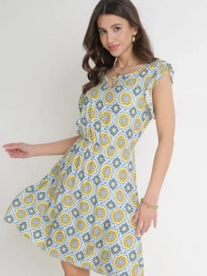 Zdjęcie produktu Niebiesko-Żółta Bawełniana Sukienka Mini z Gumką w Talii Caara