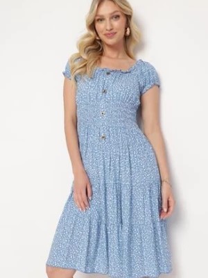 Zdjęcie produktu Niebieska Bawełniana Sukienka w Drobne Kwiaty z Gumkami w Talii Fielita