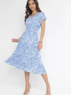 Zdjęcie produktu Niebieska Bawełniana Sukienka w Kwiatki z Gumką w Talii i Guzikami Ronalika