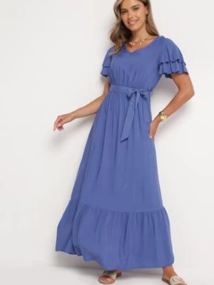 Zdjęcie produktu Niebieska Bawełniana Sukienka z Gumką w Pasie i Materiałowym Paskiem Ozdobiona Falbankami Klarolia