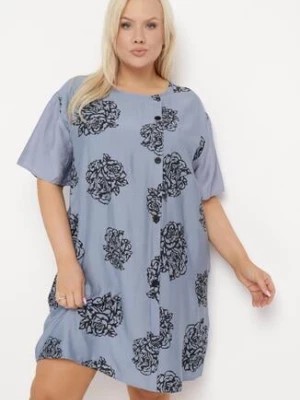 Zdjęcie produktu Niebieska Bawełniana Sukienka z Krótkim Rękawem z Kieszeniami i Guzikami Bellilla