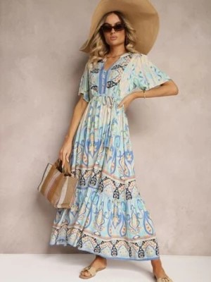 Zdjęcie produktu Niebieska Boho Sukienka z Wiskozy z Ozdobnymi Guzikami i Cienkim Paskiem w Talii Dimosia