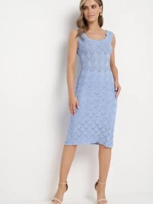 Zdjęcie produktu Niebieska Dopasowana Ażurowa Sukienka na Grubych Ramiączkach Brililena