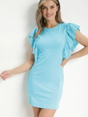 Zdjęcie produktu Niebieska Dopasowana Bawełniana Sukienka z Ażurową Falbanką Belohia