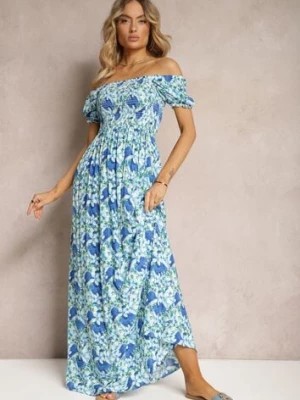 Zdjęcie produktu Niebieska Hiszpanka Sukienka o Rozkloszowanym Kroju i Gumkami przy Dekolcie Kaseria