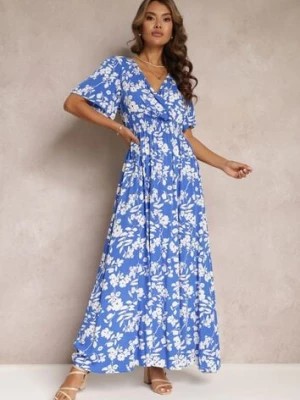 Zdjęcie produktu Niebieska Kopertowa Sukienka Maxi z Gumką w Pasie i Wiązaniem na Plecach Dangela