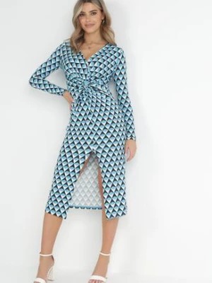 Zdjęcie produktu Niebieska Kopertowa Sukienka o Dopasowanym Kroju z Supełkiem Anjela