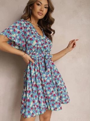 Zdjęcie produktu Niebieska Kopertowa Sukienka Wiązana Paskiem i Wykończona Gumką Faroena