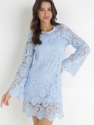 Zdjęcie produktu Niebieska Koronkowa Sukienka Mini z Długimi Rękawami i Kokardkami Temona