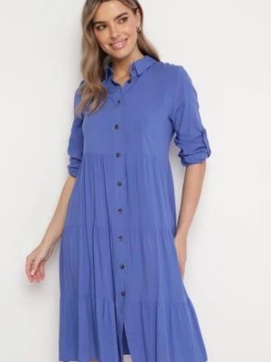 Zdjęcie produktu Niebieska Koszulowa Bawełniana Sukienka o Rozkloszowanym Fasonie z Guzikami Tubia