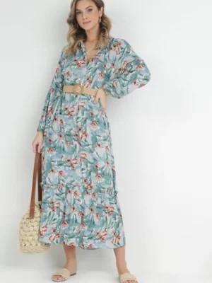 Zdjęcie produktu Niebieska Koszulowa Sukienka Maxi w Kwiaty z Paskiem Bophin