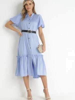Zdjęcie produktu Niebieska Koszulowa Sukienka Midi z Falbanką i Paskiem z Klamerką Cadyjane