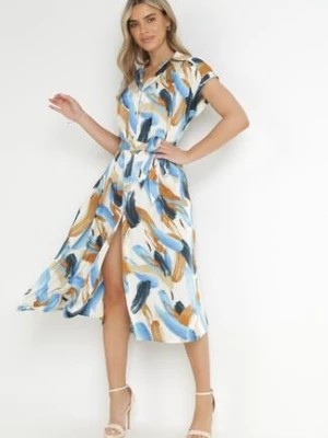 Zdjęcie produktu Niebieska Koszulowa Sukienka Midi z Materiałowym Paskiem i Krótkimi Rękawami Brala