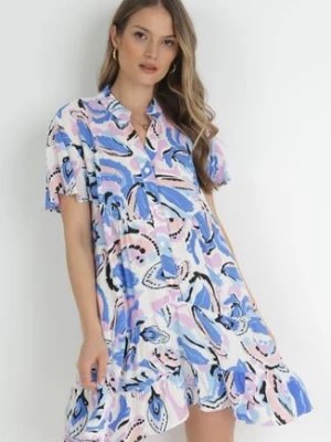 Zdjęcie produktu Niebieska Koszulowa Sukienka Mini z Krótkim Rękawem z Wiskozy Madala