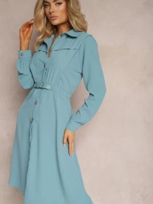 Zdjęcie produktu Niebieska Koszulowa Sukienka z Gumką w Talii i Paskiem z Klamerką Jenele