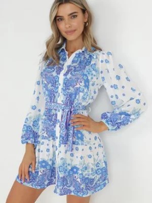 Zdjęcie produktu Niebieska Koszulowa Sukienka z Guzikami i Gumką w Pasie Melija