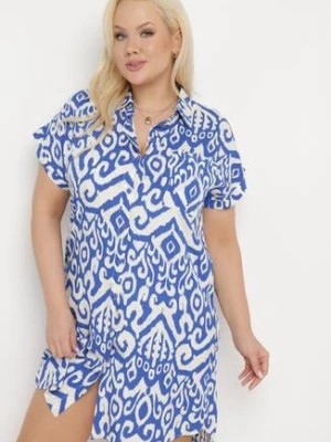 Zdjęcie produktu Niebieska Koszulowa Sukienka z Wiskozy Zapinana na Guziki z Kieszeniami Tritella