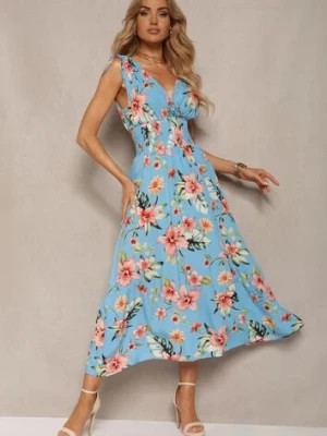 Zdjęcie produktu Niebieska Kwiecista Sukienka z Gumką w Talii i Trójkątnym Dekoltem ze Ściągaczami Taseria