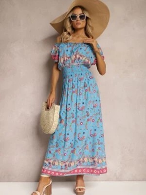 Zdjęcie produktu Niebieska Letnia Sukienka z Bawełny o Fasonie Hiszpanki z Gumką w Pasie i Wzorem Paisley Delsina