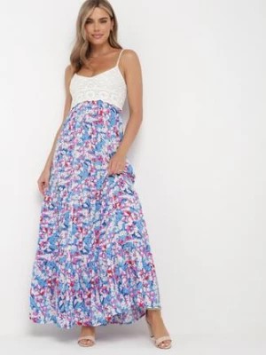 Zdjęcie produktu Niebieska Maxi Sukienka z Wiskozy na Cienkich Ramiączkach w Kwiaty Kernet