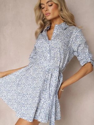 Zdjęcie produktu Niebiesko-Biała Rozkloszowana Sukienka Koszulowa z Bawełny w Kwiaty z Materiałowym Paskiem Laeril