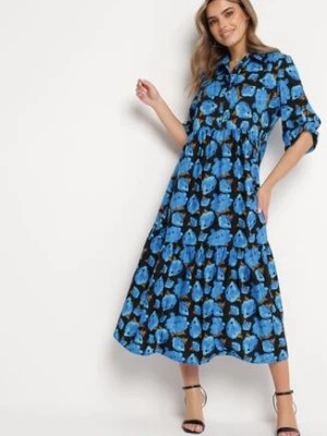 Zdjęcie produktu Niebiesko-Czarna Rozkloszowana Sukienka Maxi w Abstrakcyjne Kwiaty z Guzikami Przy Dekolcie Millara