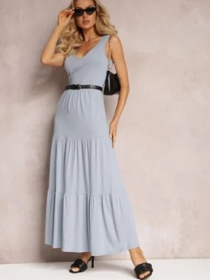 Zdjęcie produktu Niebieska Rozkloszowana Sukienka Maxi z Bawełnianej Tkaniny Galaise
