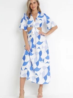 Zdjęcie produktu Niebieska Rozkloszowana Sukienka Maxi z Kopertowym Dekoltem z Ozdobnym Wiązaniem Hanie