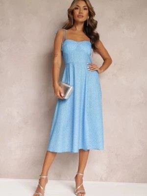 Zdjęcie produktu Niebieska Rozkloszowana Sukienka Midi w Kropki na Ramiączkach Mabella
