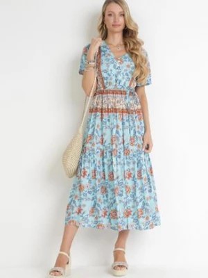Zdjęcie produktu Niebieska Rozkloszowana Sukienka Midi z Gumką w Talii i Materiałowym Paskiem Shagumi