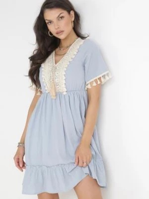Zdjęcie produktu Niebieska Rozkloszowana Sukienka Mini z Gumką w Pasie i Ozdobnym Dekoltem Lilinia