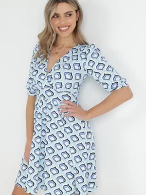 Zdjęcie produktu Niebieska Rozkloszowana Sukienka z Bufiastymi Rękawami w Geometryczny Wzór Avory