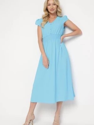 Zdjęcie produktu Niebieska Rozkloszowana Sukienka z Gumką w Pasie Ozdobiona Guzikami Timaxre