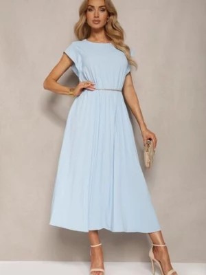 Zdjęcie produktu Niebieska Rozkloszowana Sukienka z Plisowaniem i Krótkim Rękawem Hevina