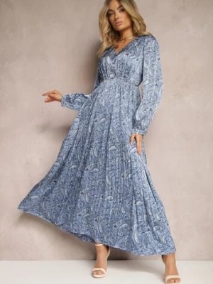 Zdjęcie produktu Niebieska Rozkloszowana Sukienka z Plisowanym Dołem Wykończona Guzikami Xilalara