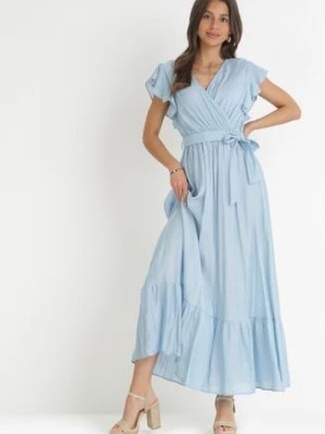 Zdjęcie produktu Niebieska Rozkloszowana Sukienka z Wiązanym Paskiem Nonru