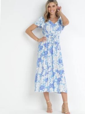 Zdjęcie produktu Niebieska Rozkloszowana Sukienka z Wiskozy i Wiązanym Paskiem Asaria