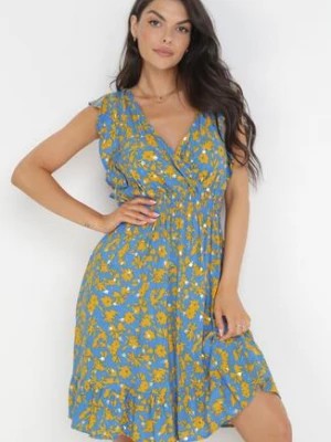 Zdjęcie produktu Niebieska Rozkloszowana Sukienka z Wiskozy Ozdobiona Metalicznym Nadrukiem Elulaia