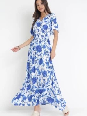 Zdjęcie produktu Niebieska Rozkloszowana Sukienka z Wiskozy w Kwiaty Rawnie