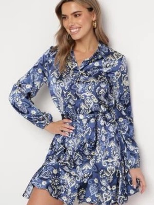Zdjęcie produktu Niebieska Satynowa Sukienka Mini Rozkloszowana z Materiałowym Paskiem o Koszulowym Kroju Vilane