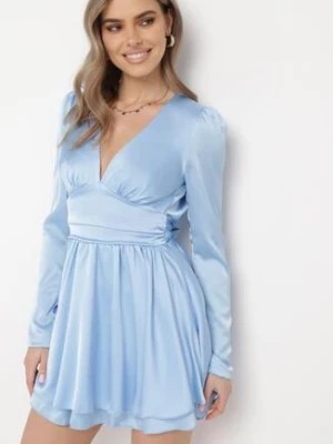 Zdjęcie produktu Niebieska Satynowa Sukienka Mini z Głębokim Dekoltem i Wiązaniem z Tyłu Liadan