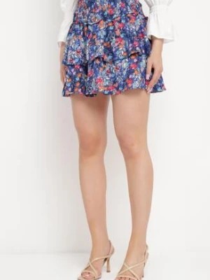 Zdjęcie produktu Niebiesko-Granatowa Spódnica Mini w Kwiatowy Print z Falbankami Rozkloszowana Kilina