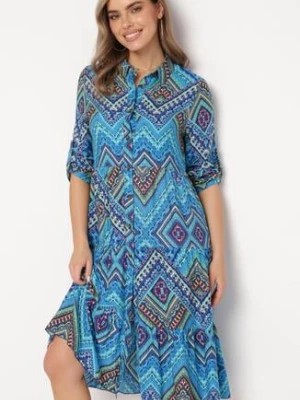 Zdjęcie produktu Niebieska Sukienka Bawełniana w Etno Wzór o Koszulowym Kroju Tesagena