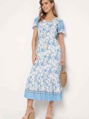 Zdjęcie produktu Niebieska Sukienka Bawełniana w Kwiatowy Wzór w Stylu Boho z Gumką w Pasie Maiatia