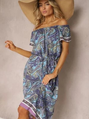Zdjęcie produktu Niebieska Sukienka Hiszpanka z Bawełnianej Tkaniny we Wzór Paisley Arissela