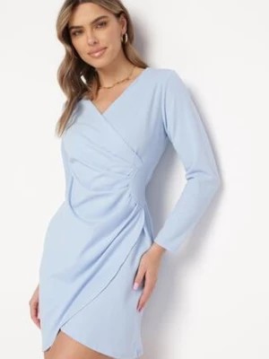 Zdjęcie produktu Niebieska Sukienka Kopertowa z Ozdobnym Marszczeniem Ohildria