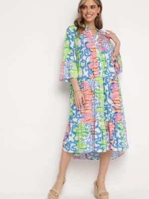 Zdjęcie produktu Niebiesko-Zielona Sukienka Koszulowa o Rozkloszowanym Fasonie z Wiskozy Diomila